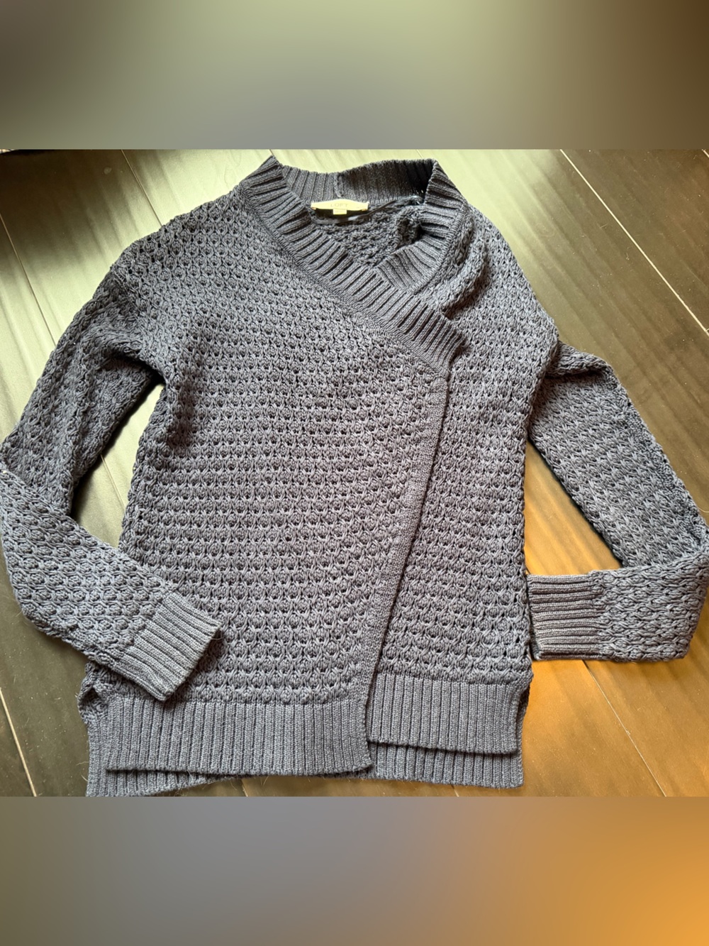 LOFT Navy Textured Wrap-Style Cable Knit Sweater Euc size medium 100% cotton